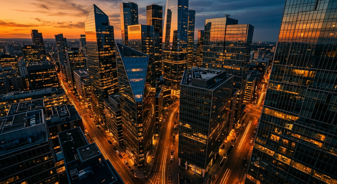 Aerial view of a modern city skyline at sunset with illuminated buildings.