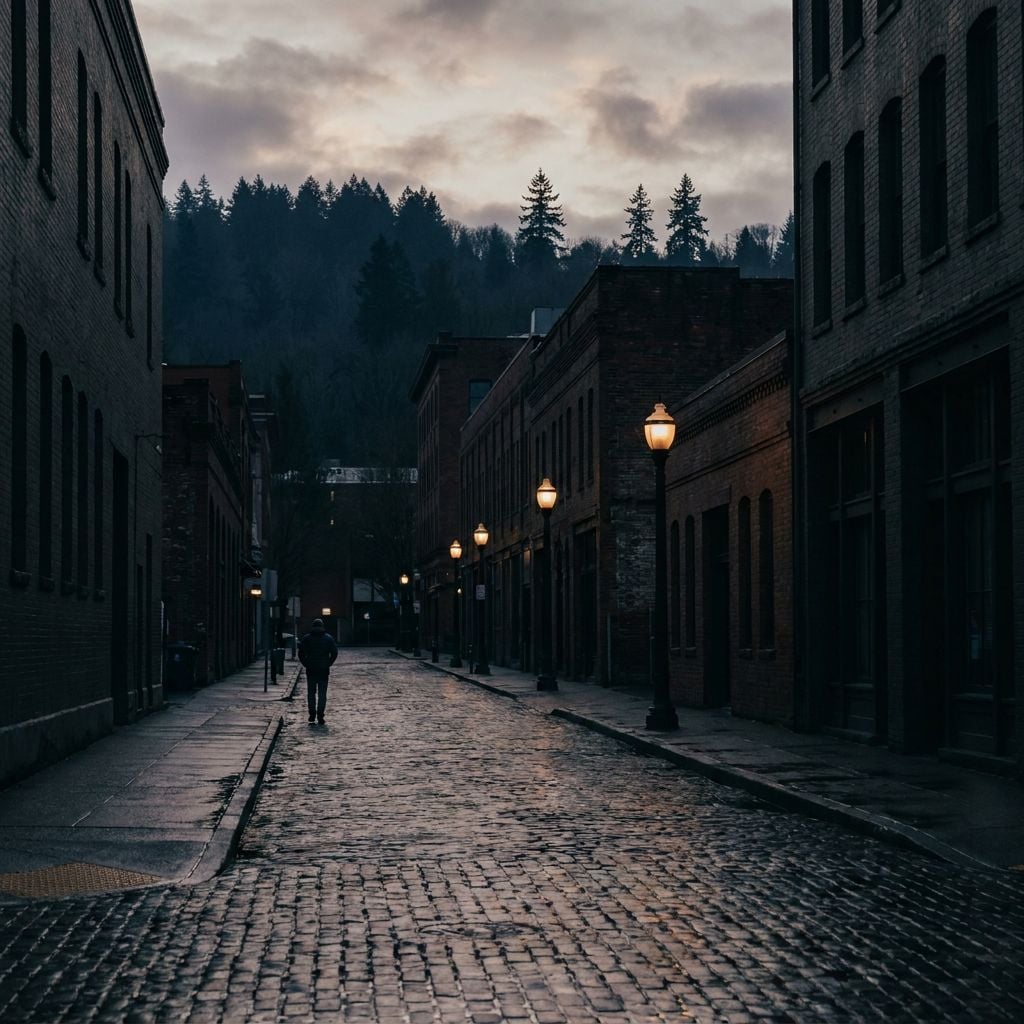 A person walks down a cobblestone street lined with historic buildings and street lamps under a cloudy sky.