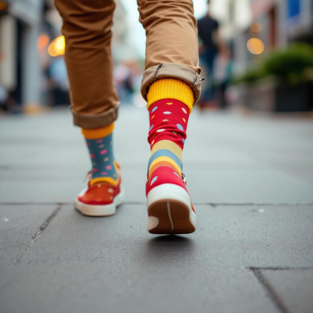 A person walking on a city street wearing colorful socks and casual shoes.