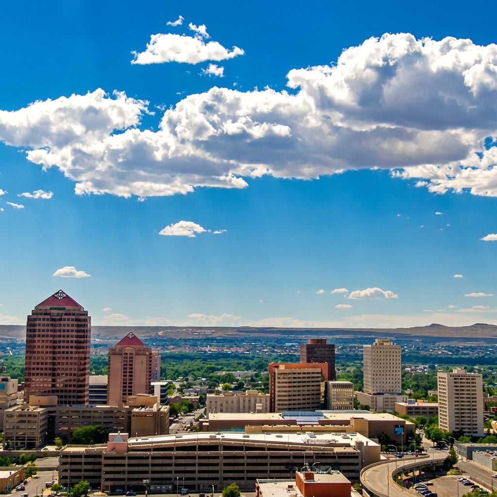 A panoramic view of a city skyline with mountains in the background under a blue sky with clouds.