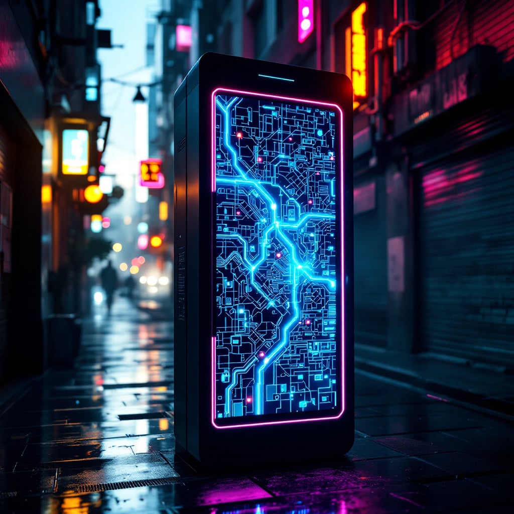 A futuristic digital display with a neon circuit pattern stands on a wet street illuminated by colorful lights.