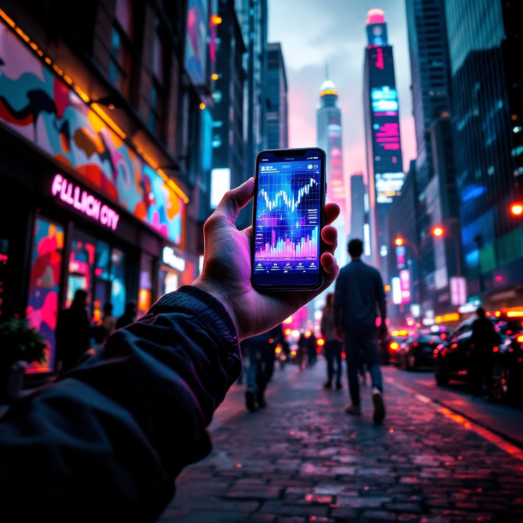 A person holding a smartphone displaying a stock market graph in a vibrant city street at dusk.