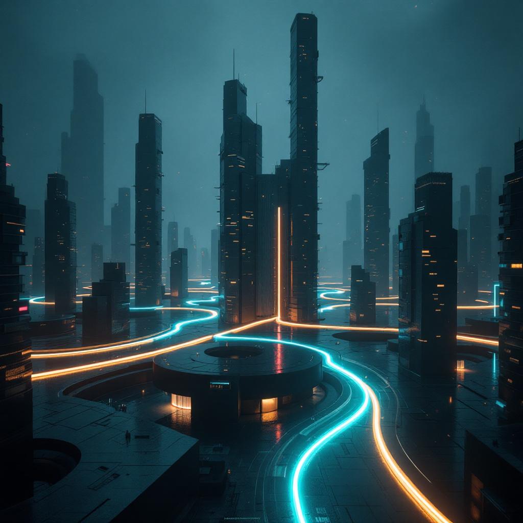 A futuristic cityscape featuring tall skyscrapers illuminated by neon lights and glowing pathways.