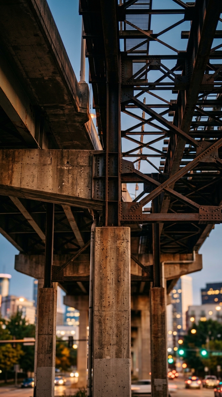 A close-up view of a concrete and steel overpass structure with city buildings in the background.