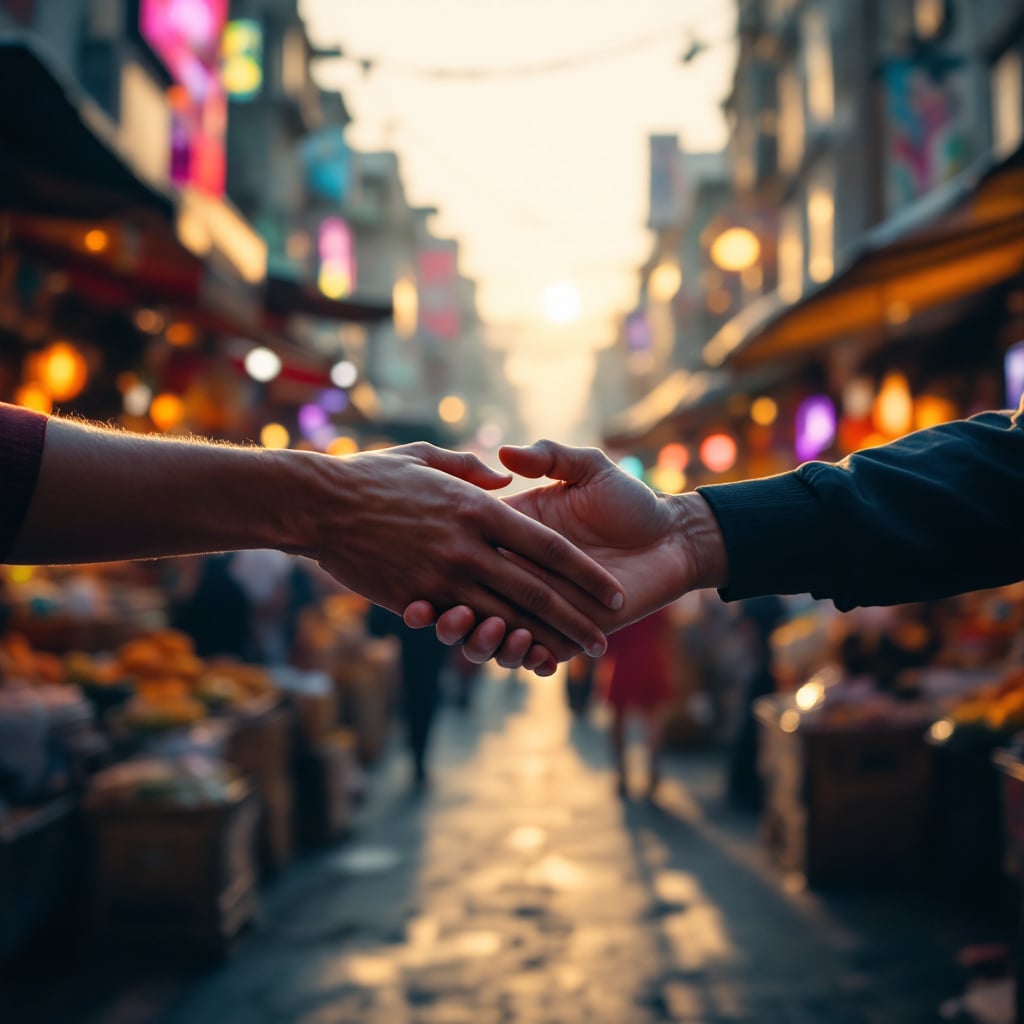 Two hands are shaking in a bustling market street during sunset.