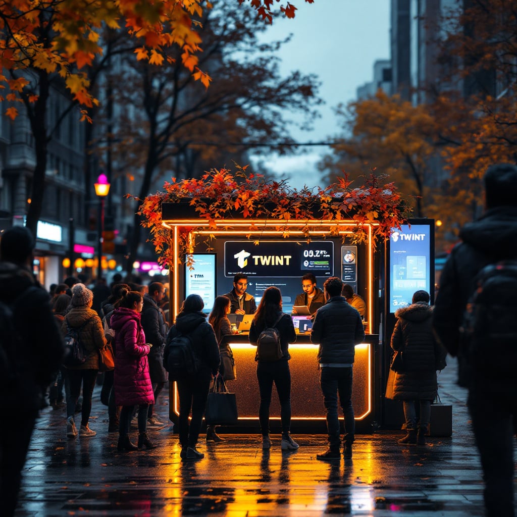 A busy street scene featuring a brightly lit kiosk surrounded by people in an urban setting during autumn.