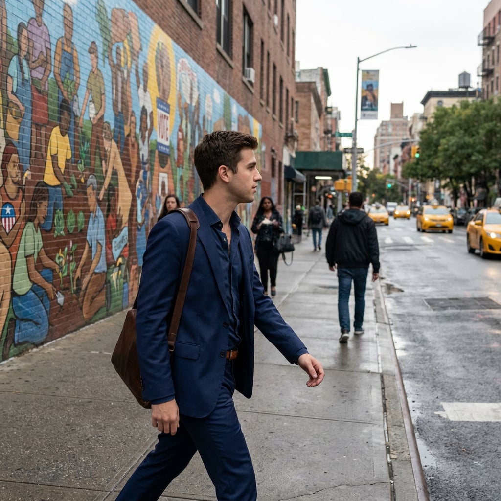 A man in a suit walks along a city street with a colorful mural on the wall.