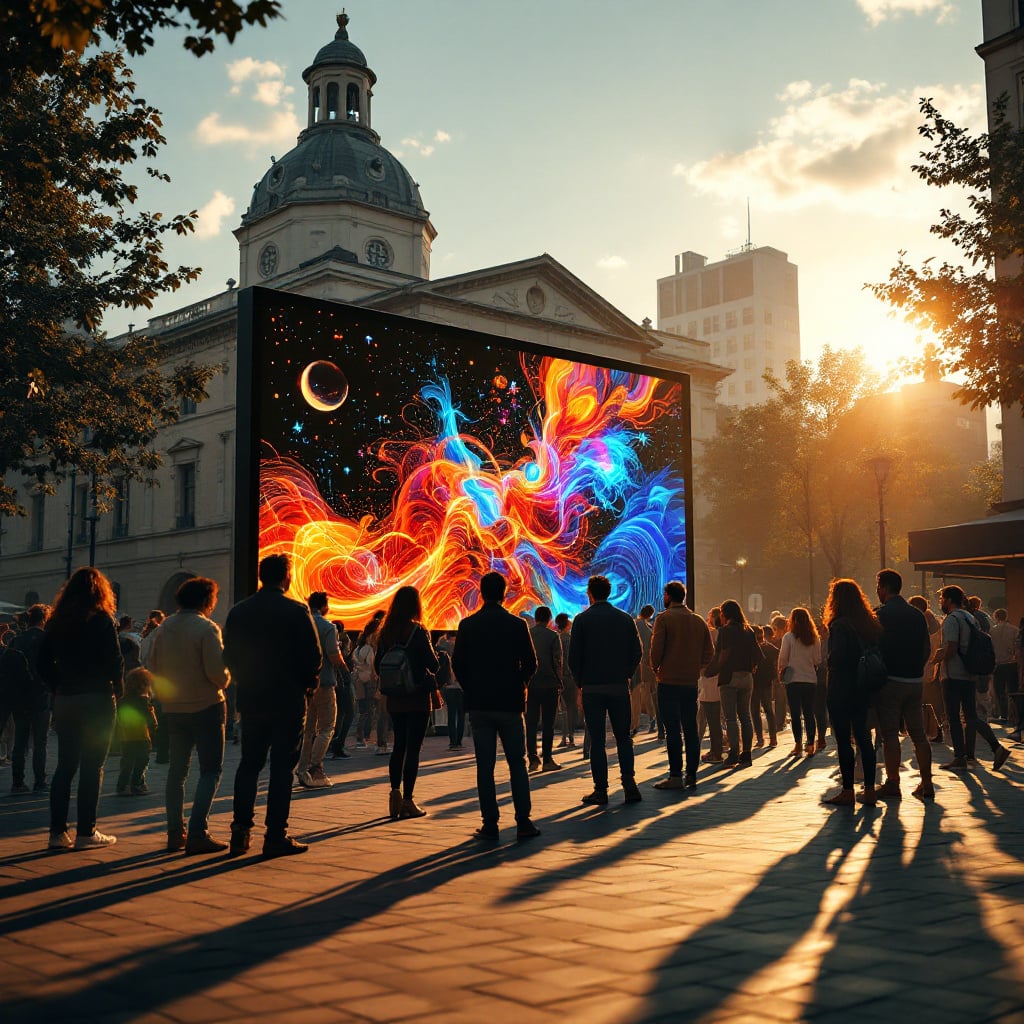 A crowd gathers in an urban setting to watch a vibrant digital art display on a large screen during sunset.