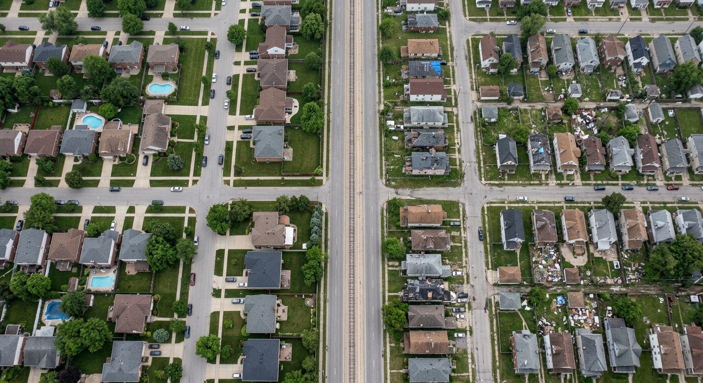 An aerial view of a suburban neighborhood with houses on either side of a road.