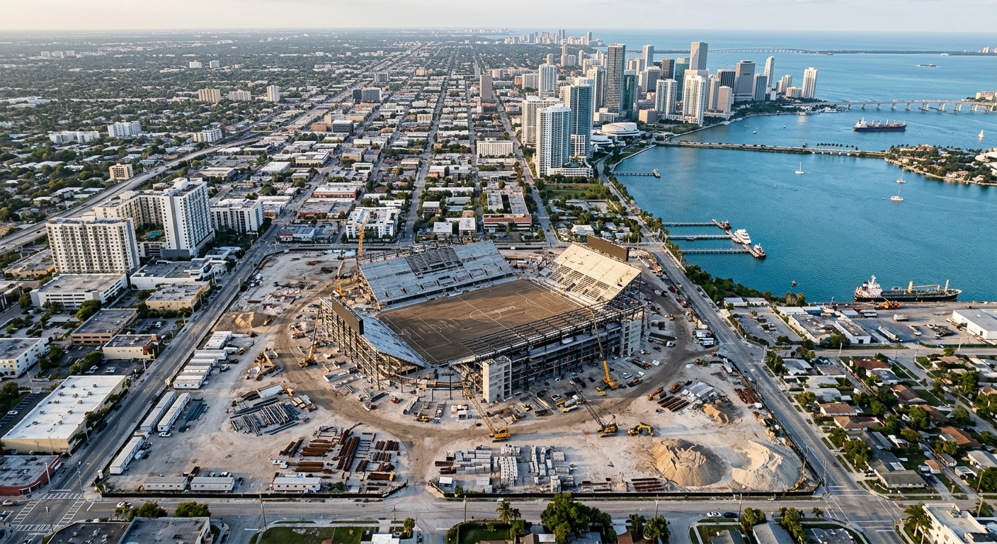 An aerial view of a construction site for a stadium surrounded by a city skyline and waterfront.