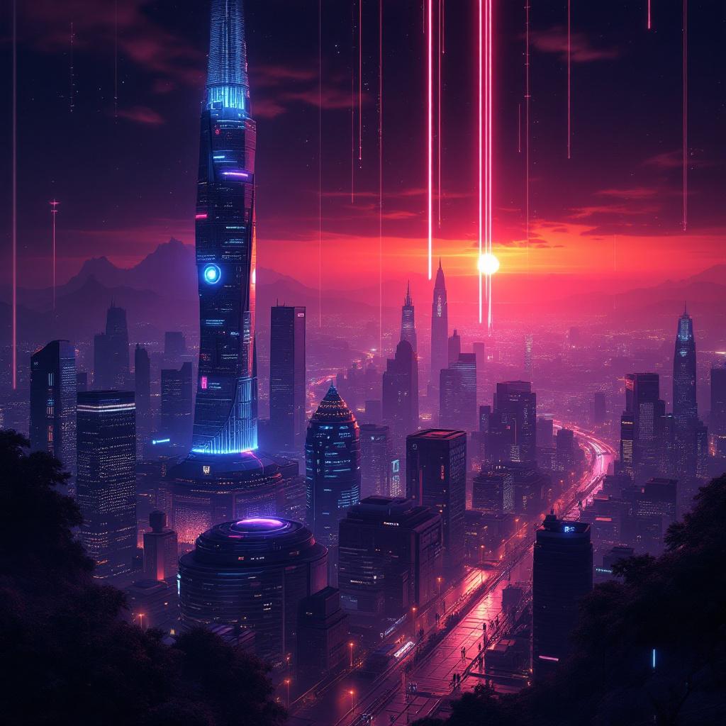 A futuristic city skyline at sunset with neon lights and tall skyscrapers.