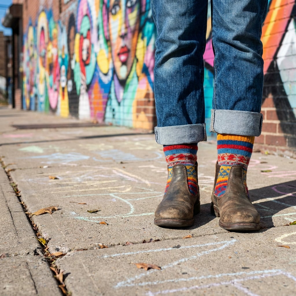 A person wearing colorful socks and boots stands on a sidewalk with chalk drawings, in front of a graffiti-covered wall.