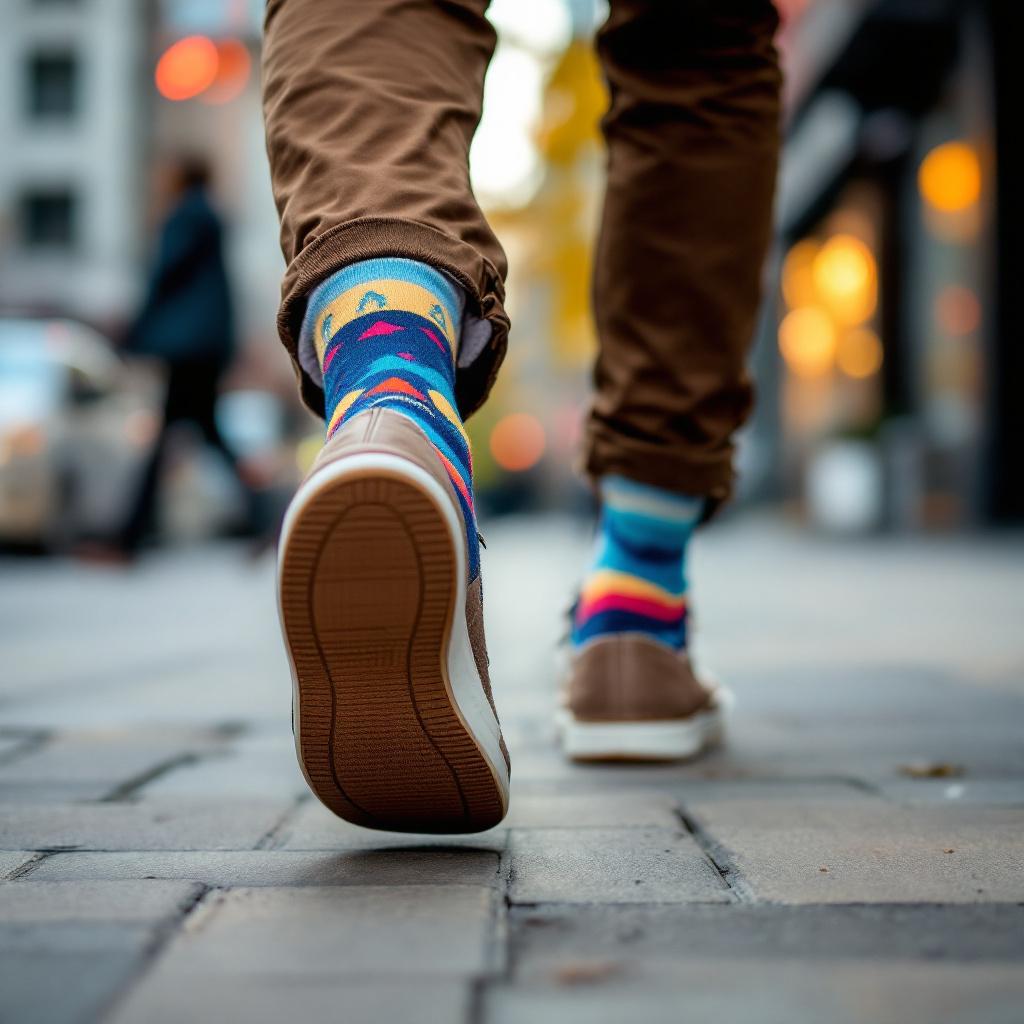 A person walking on a city sidewalk wearing colorful socks and casual shoes.