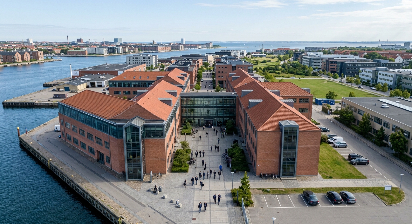 An aerial view of a modern waterfront building complex with a parking lot and people gathered outside.