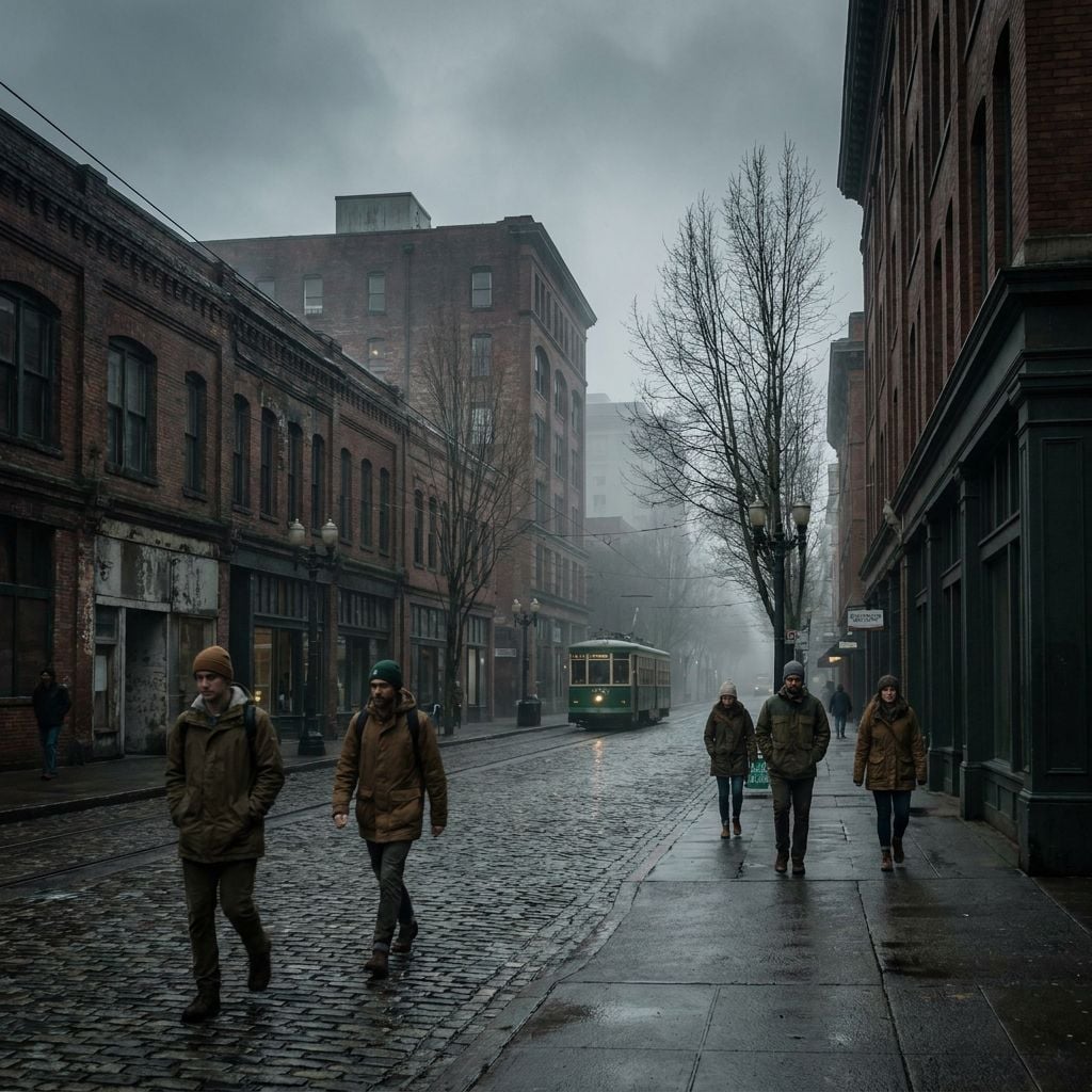 A foggy city street with people walking and a vintage tram in the background.