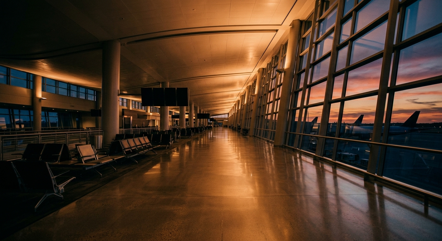 An empty airport terminal with large windows reflecting a sunset.