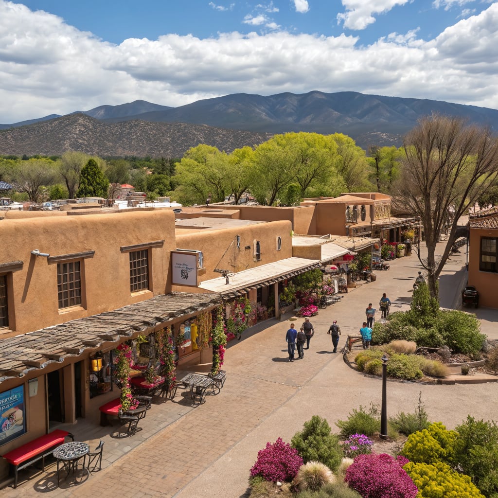 A view of a charming adobe-style street with shops and people walking in a scenic town surrounded by mountains.
