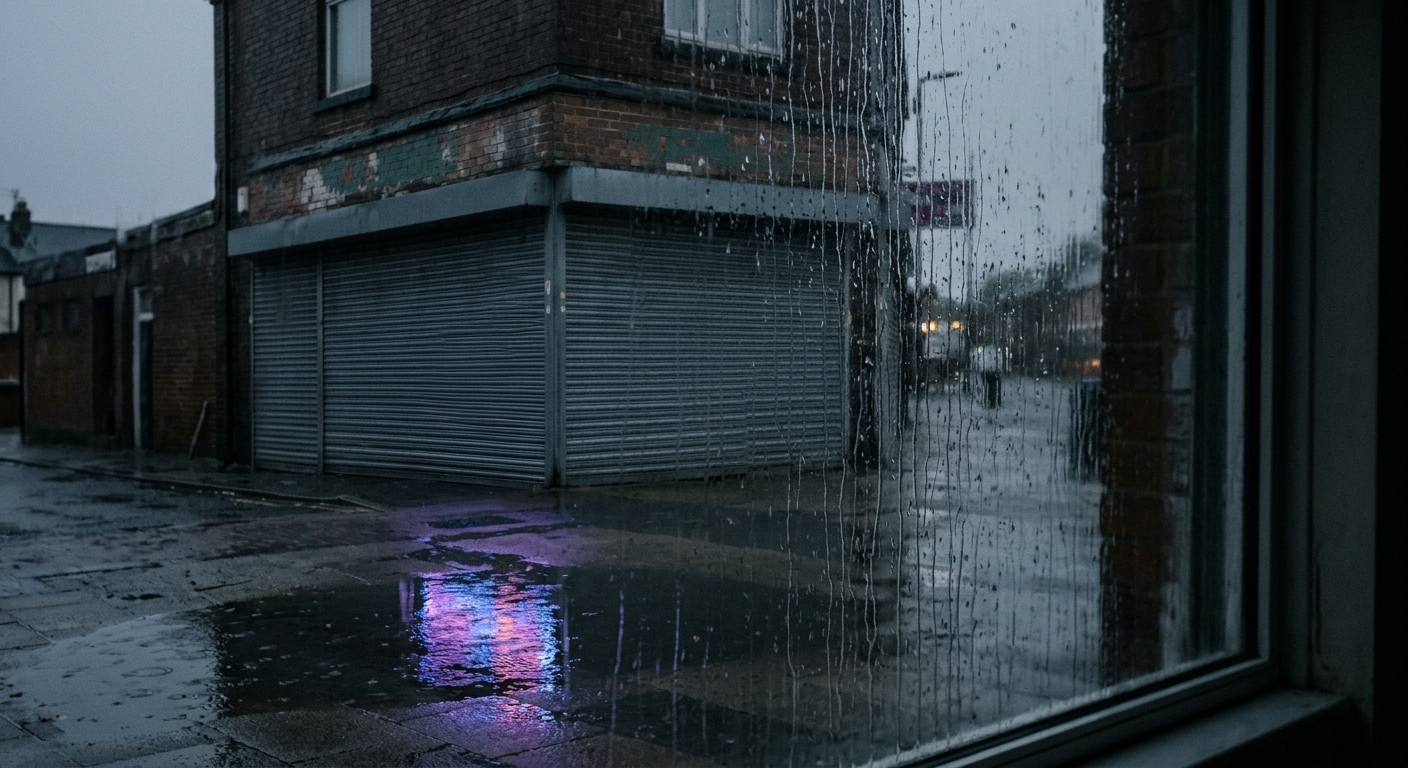 A rainy street scene viewed through a window with reflections on the wet pavement.