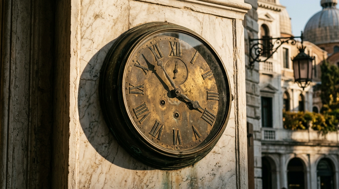 An antique clock mounted on a marble wall in an urban setting.