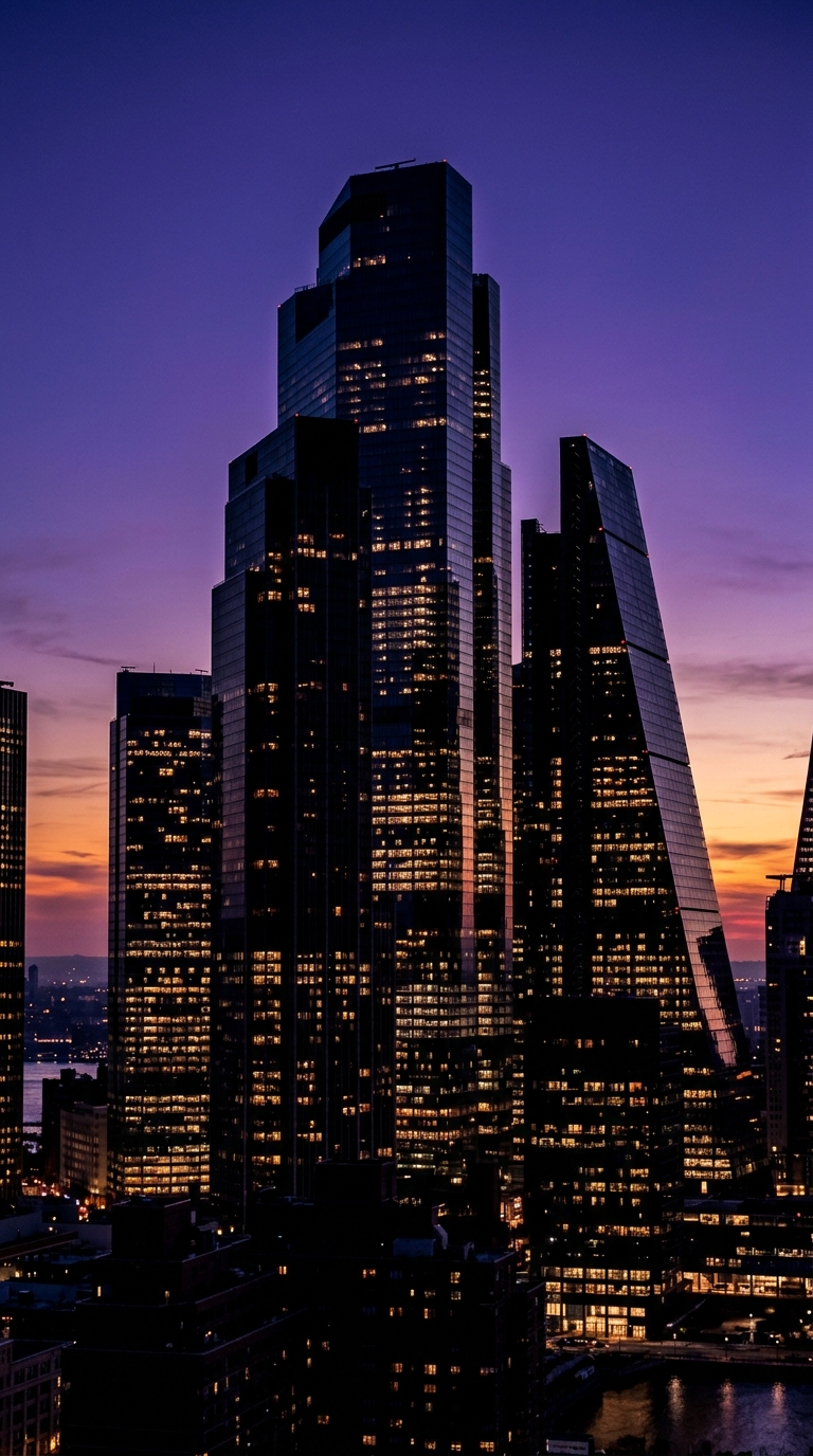 A skyline of modern skyscrapers illuminated at dusk.