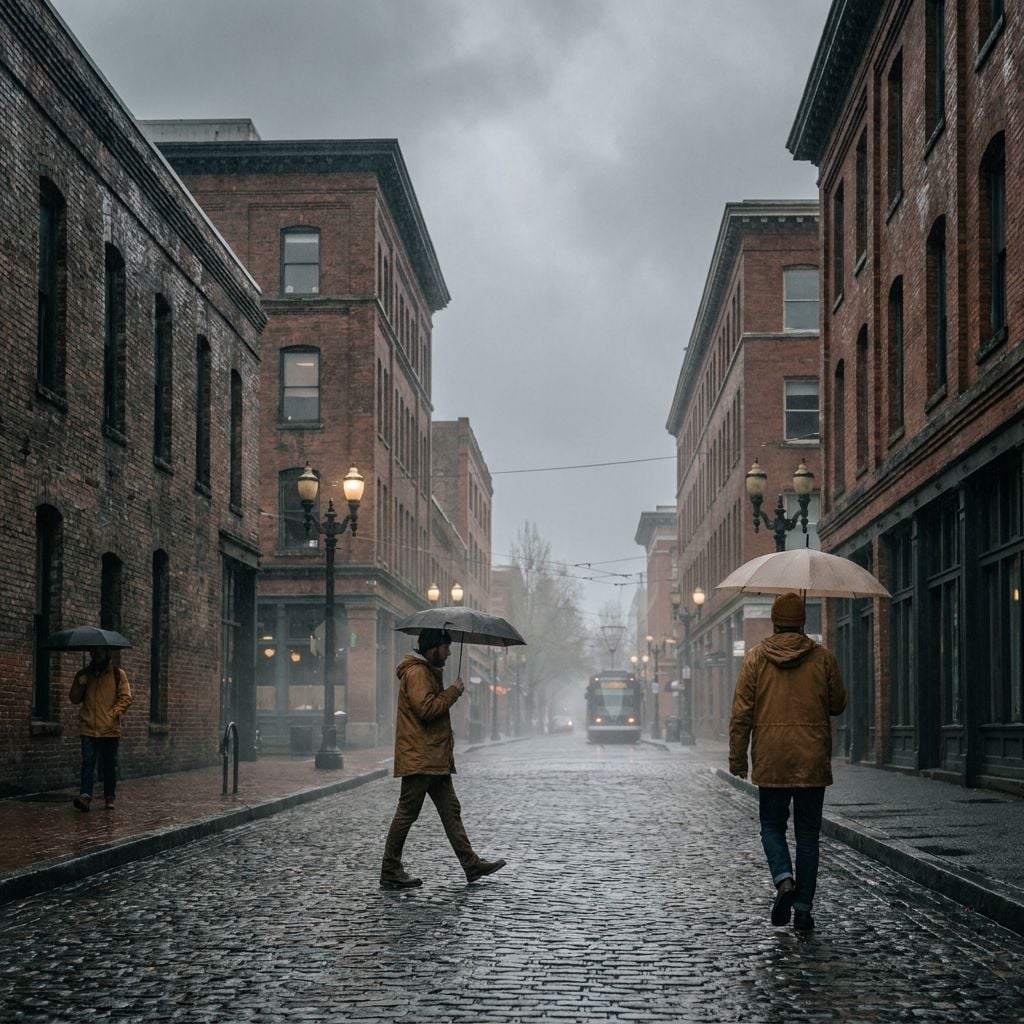 A rainy street scene with people walking under umbrellas in a historic urban setting.