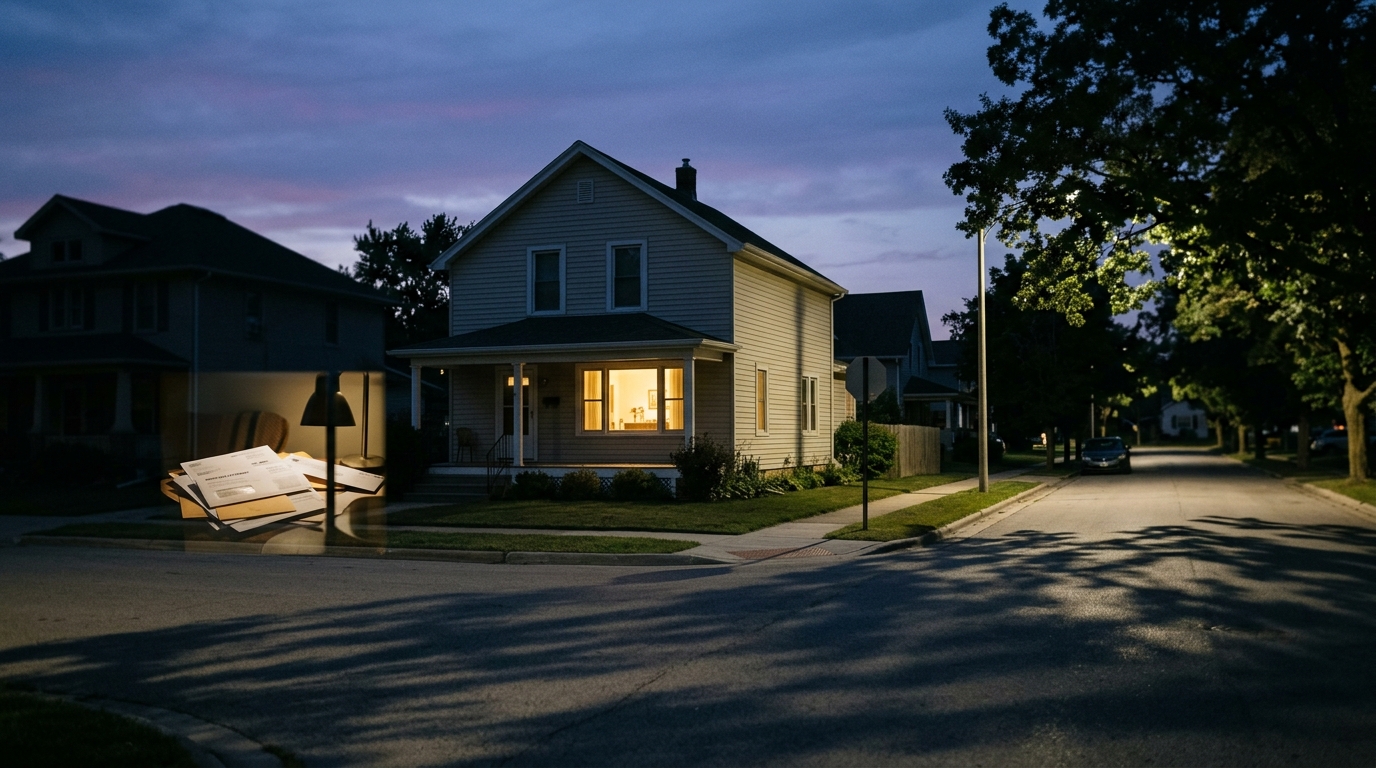 A well-lit house at dusk on a quiet street corner.
