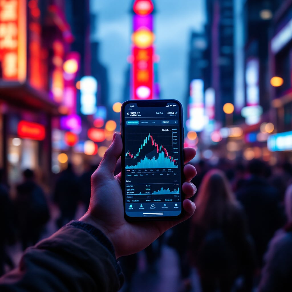 A person holds a smartphone displaying a stock market graph in a vibrant city street at night.