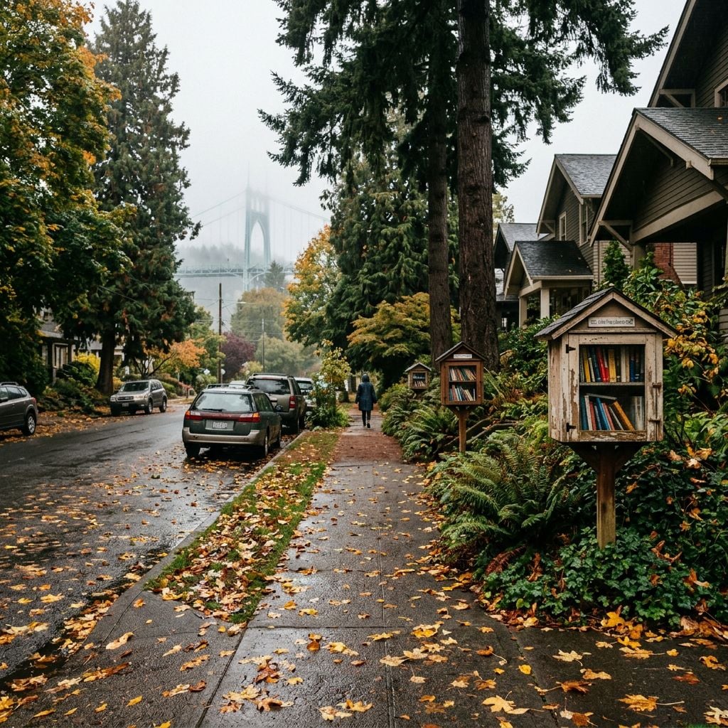 A residential street with small book-sharing boxes and autumn leaves on the ground.