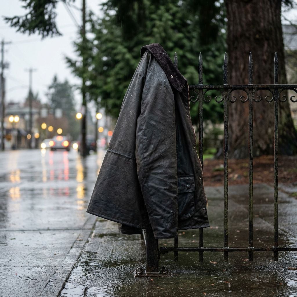 A wet coat hangs on a fence post in a rainy urban setting.