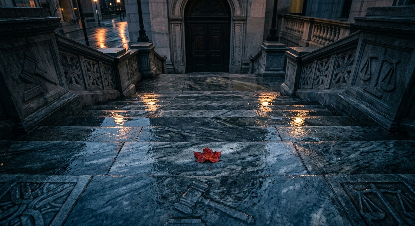 A single red leaf rests on wet stone steps in an urban setting.