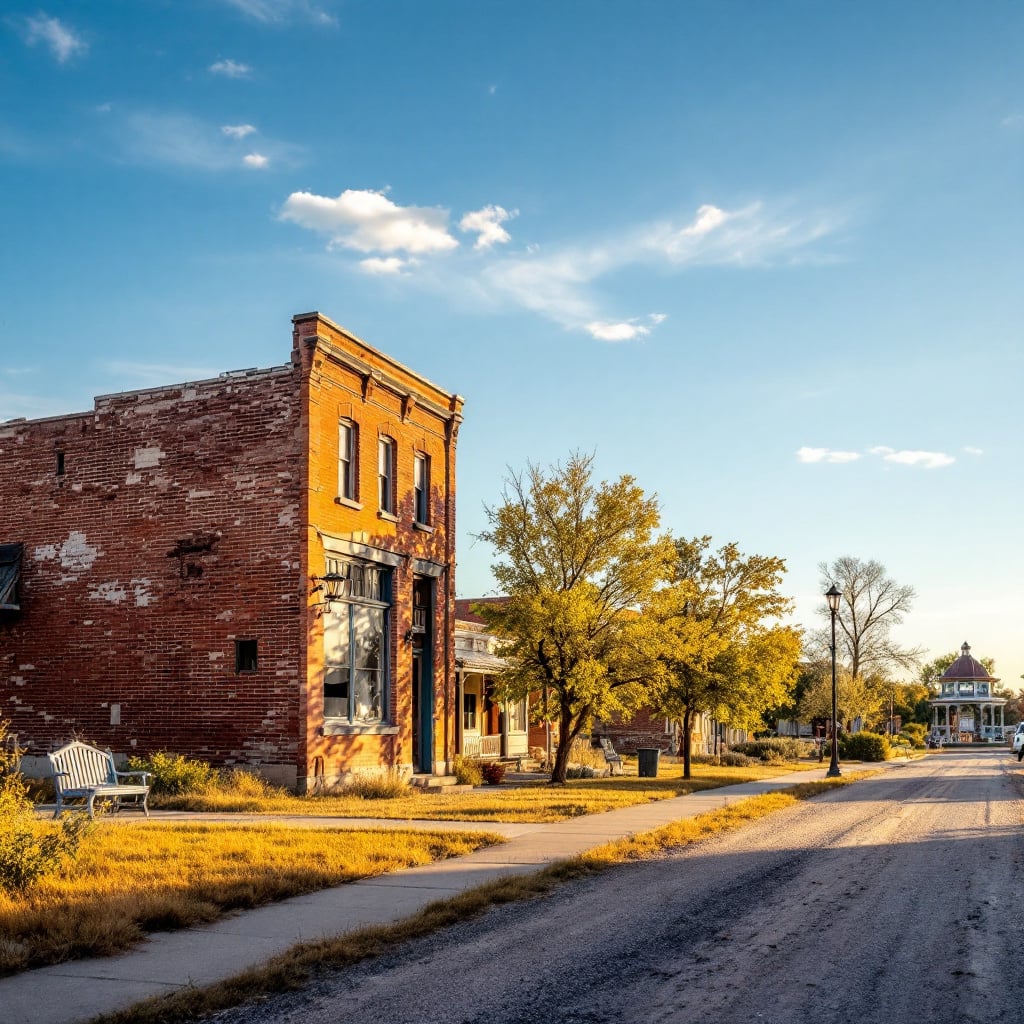 A quiet street scene featuring an old brick building and trees under a clear blue sky.