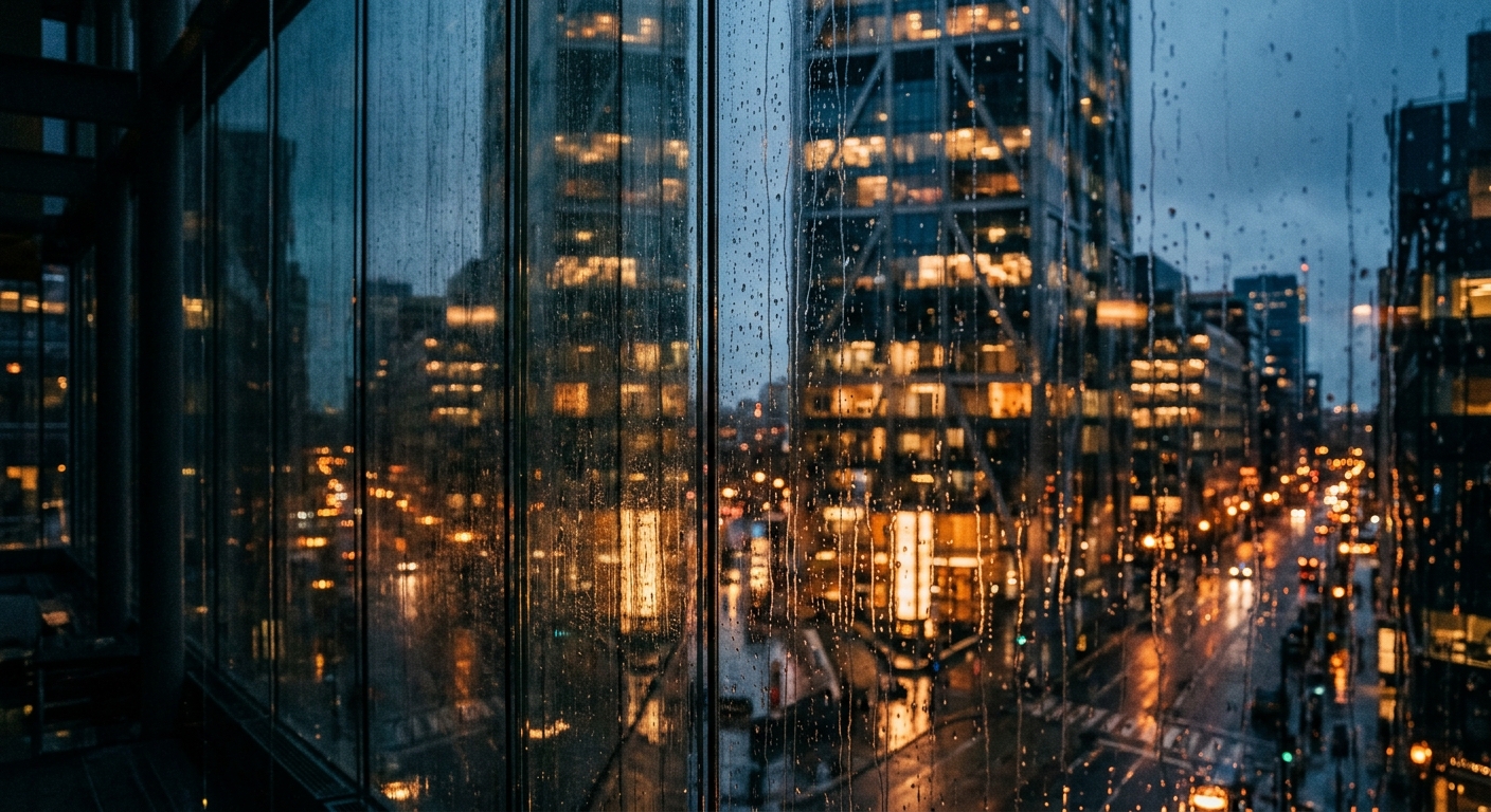 A city street view at night with rain on the glass and illuminated buildings.