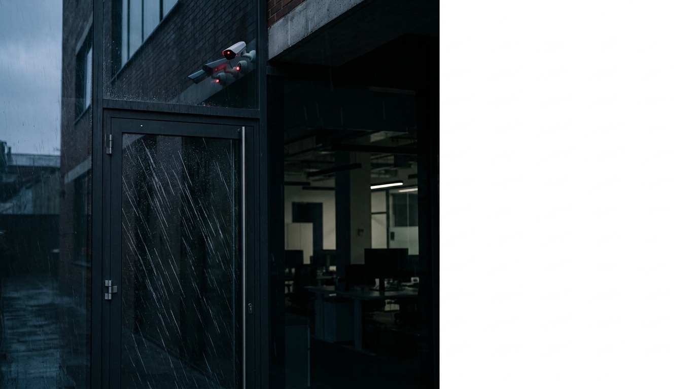 A modern office building entrance with rain visible on the glass.