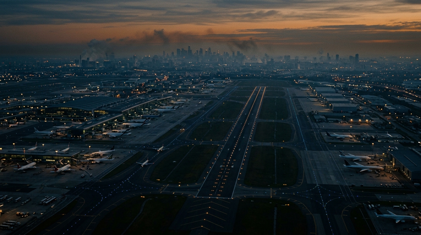 An aerial view of an airport runway with city skyline in the background during sunset.