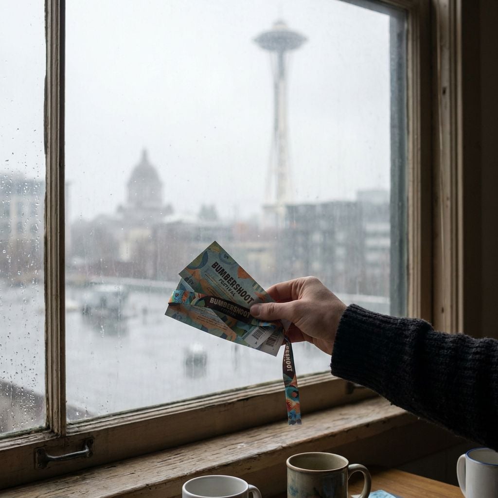 A person holding event tickets in front of a rainy window with a view of the Space Needle.