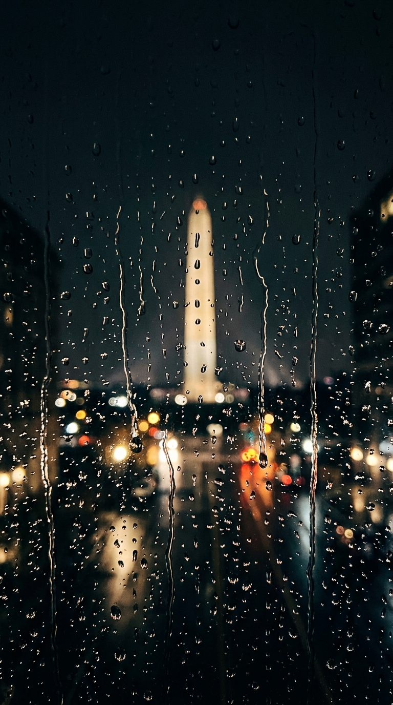 A view of a tall monument seen through a rain-soaked window at night.