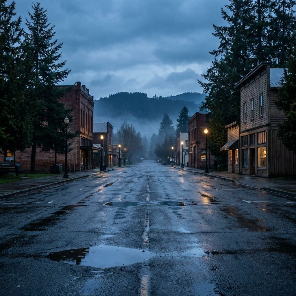 A deserted street in a small town during a rainy evening with fog in the background.