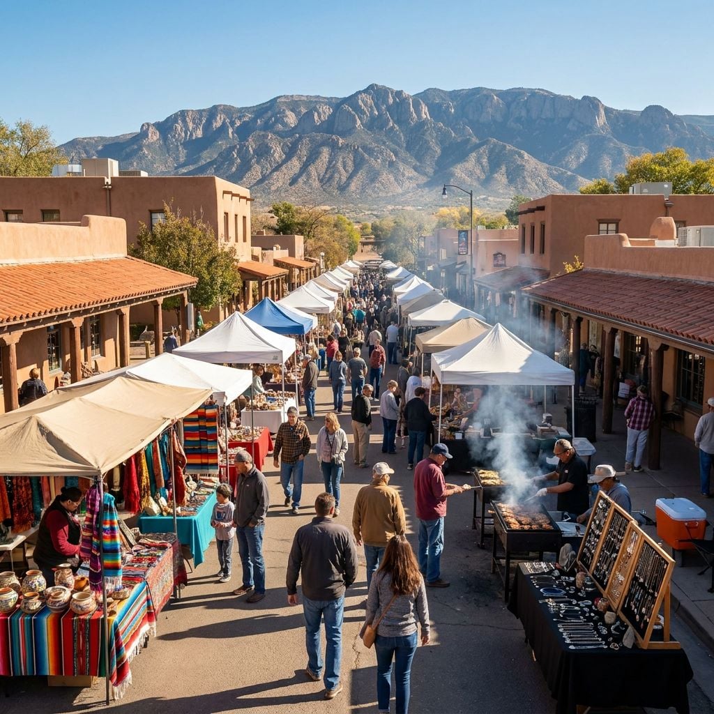 A bustling outdoor market with vendors and shoppers set against a mountain backdrop.