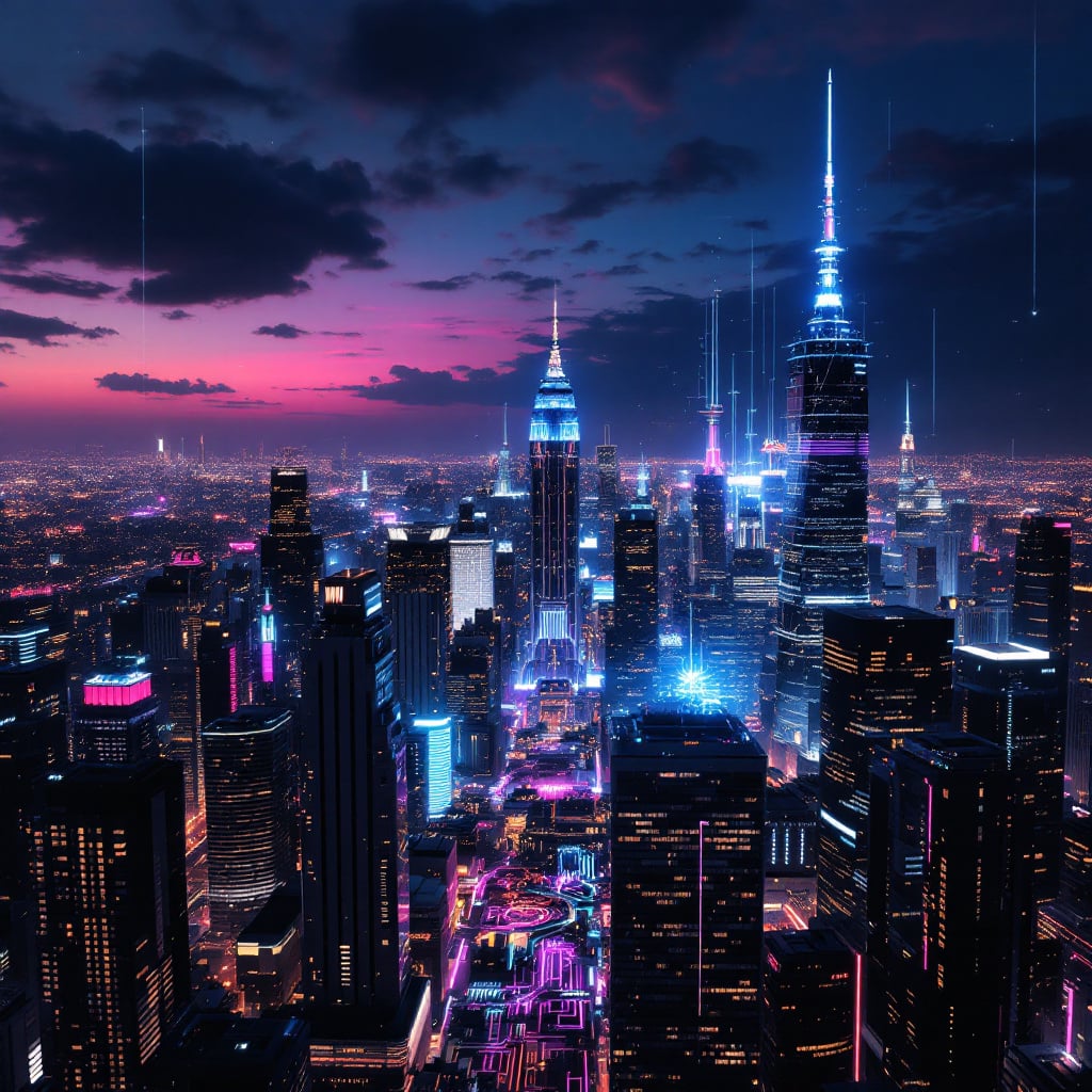 A futuristic cityscape at night with neon lights and skyscrapers.