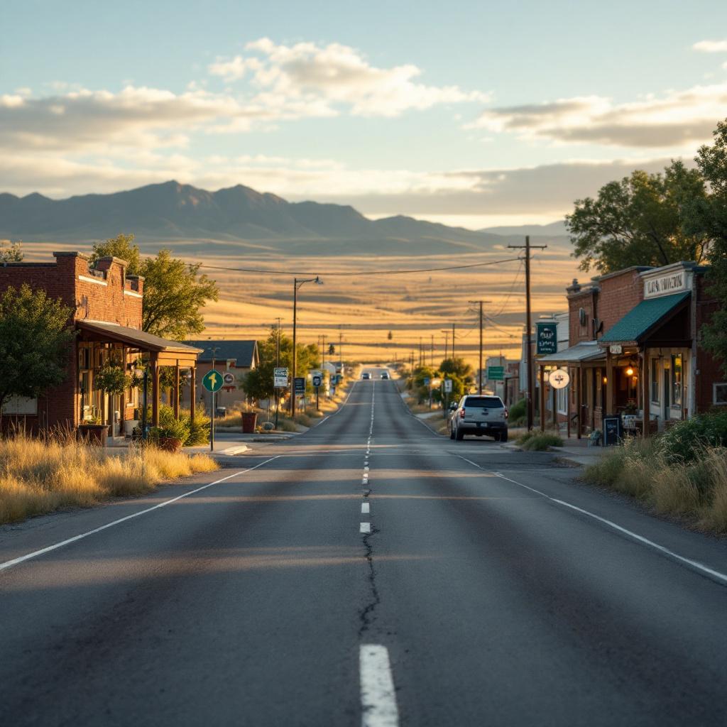 A quiet street in a small town with mountains in the background.