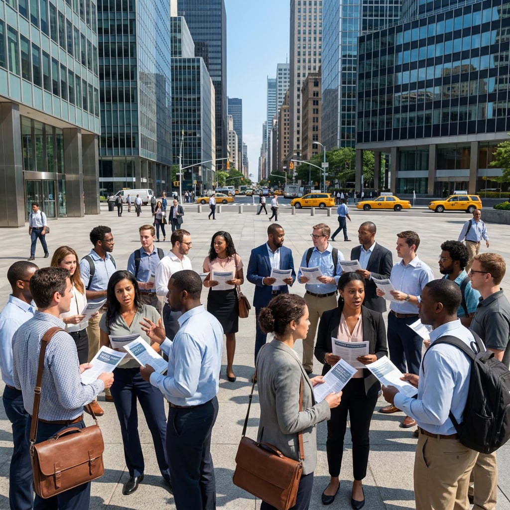 A diverse group of professionals is gathered in an urban setting, discussing and holding documents.