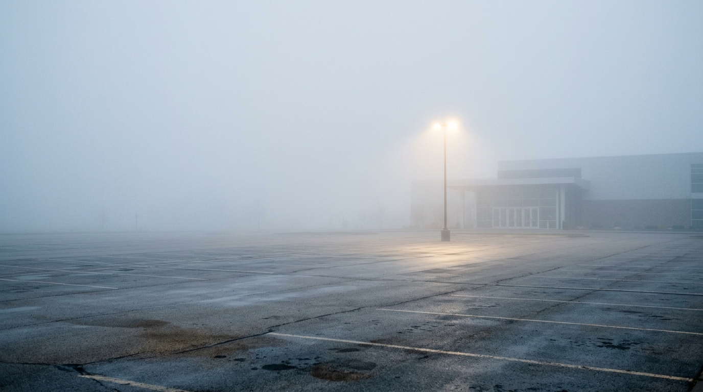 A foggy parking lot with a single lamp illuminating the area.