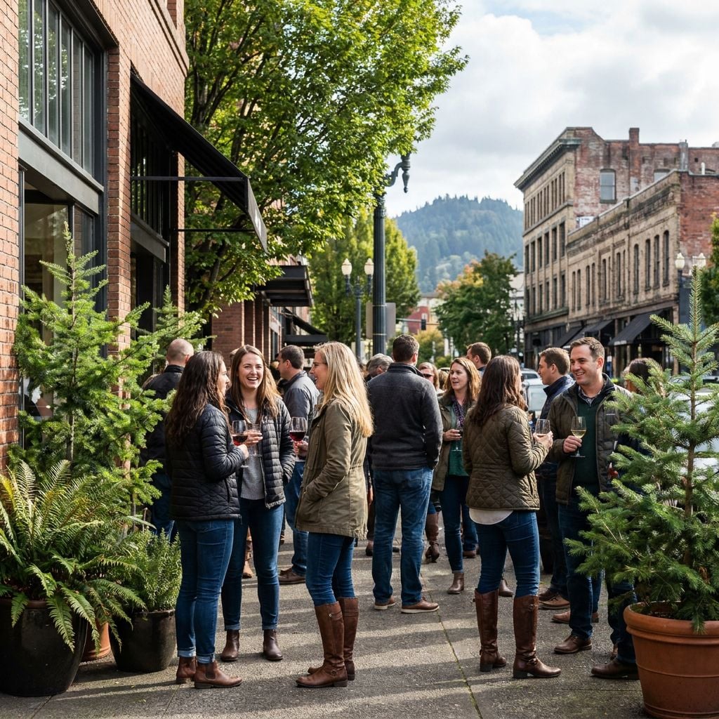 A group of people socializing outside on a city street with greenery and historic buildings in the background.