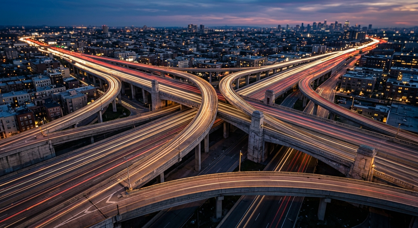 Aerial view of a complex highway interchange with light trails from vehicles at dusk.