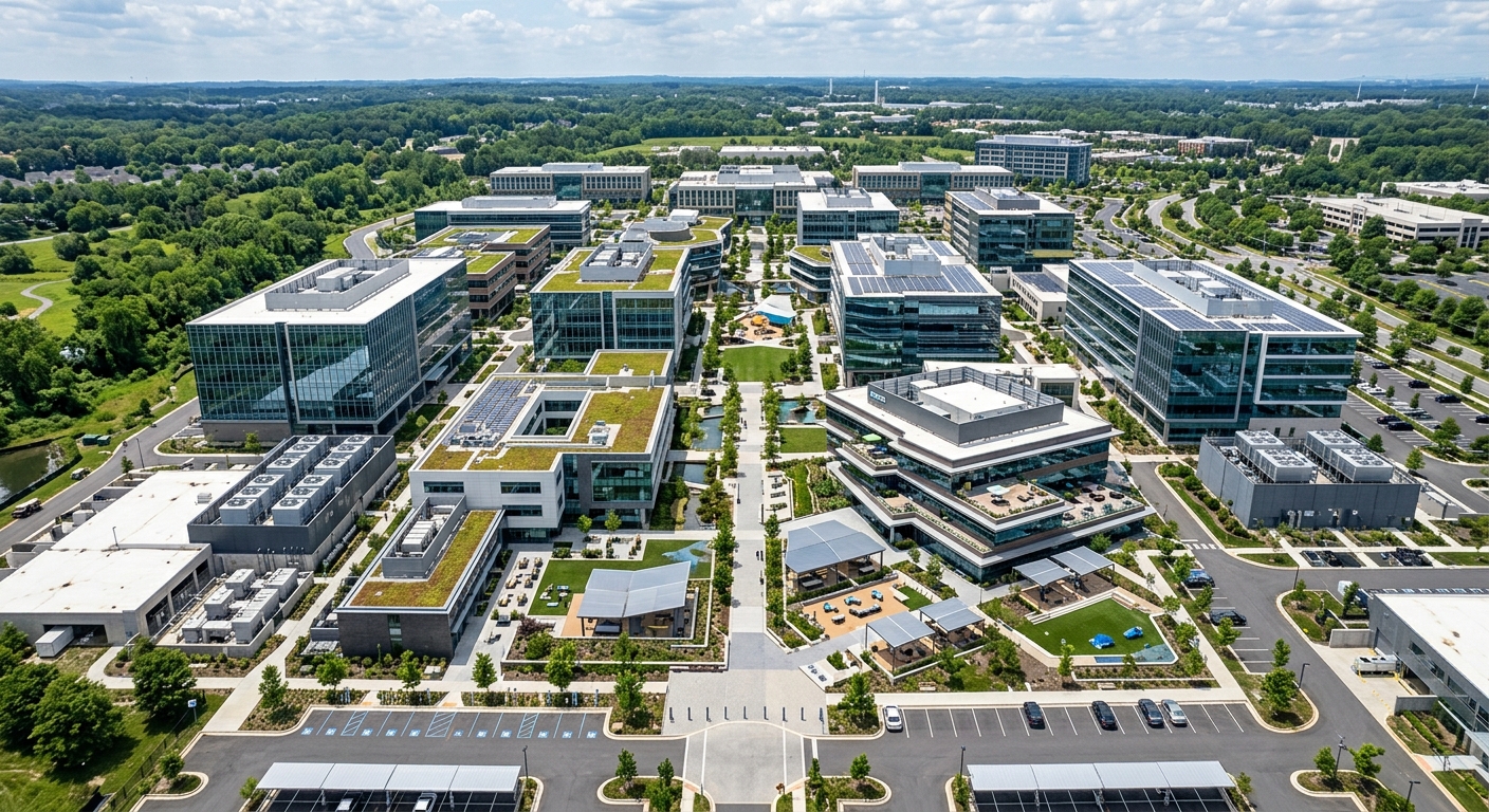 An aerial view of a modern business complex with multiple buildings and green spaces.