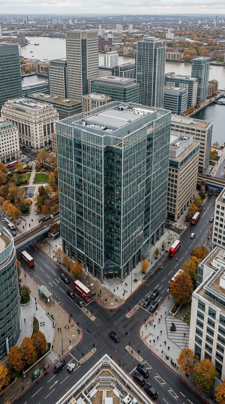 An aerial view of a cityscape with modern skyscrapers and streets with traffic.