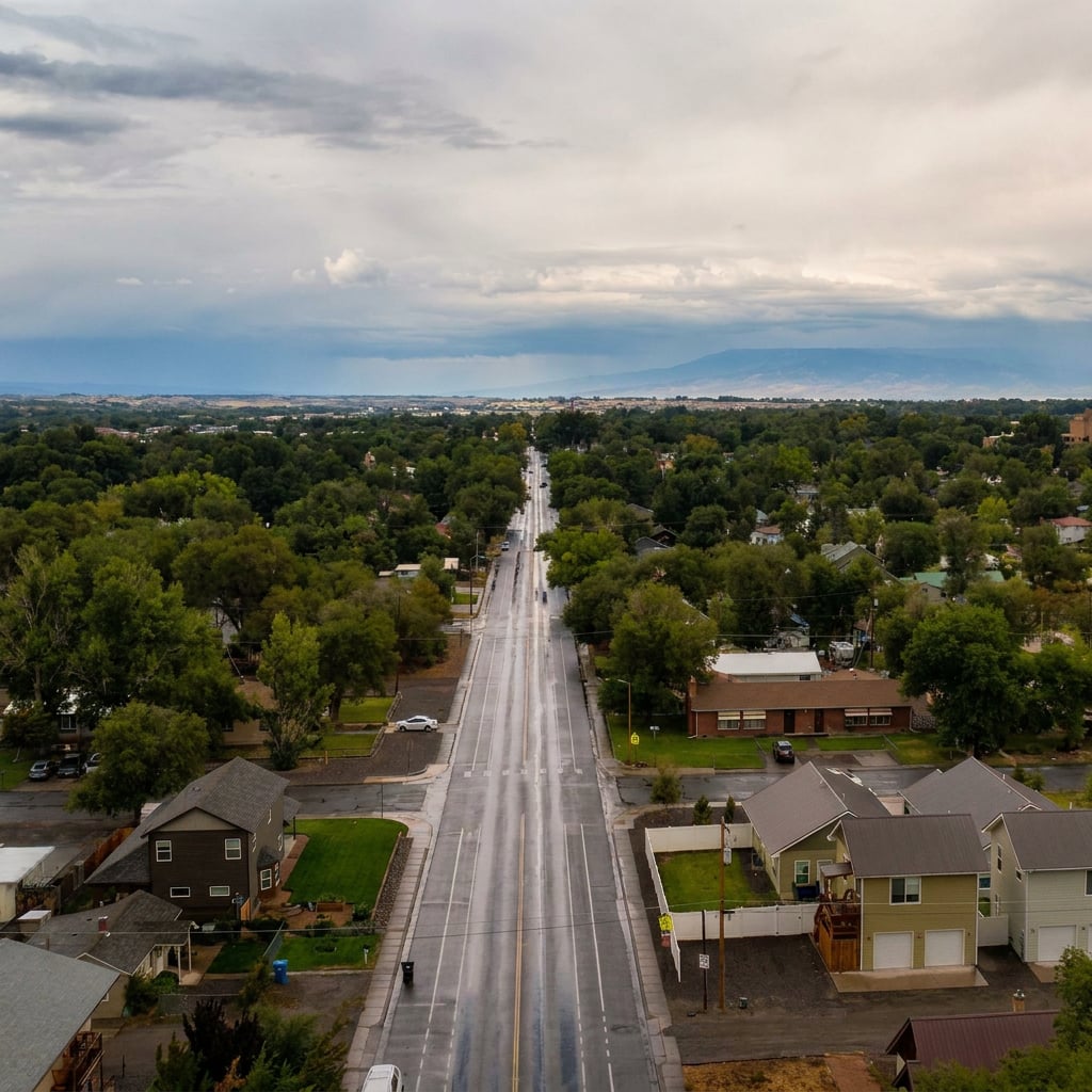 An aerial view of a tree-lined street with houses on either side.
