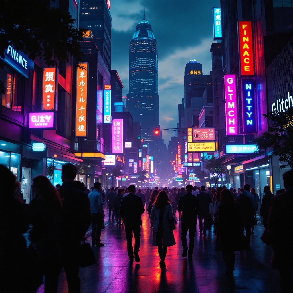 A bustling city street illuminated by neon signs at dusk.
