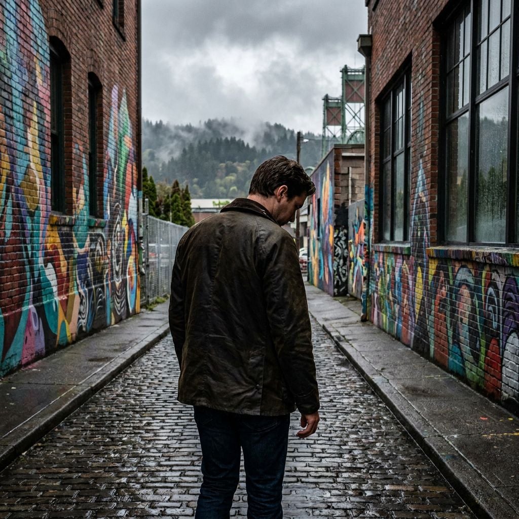 A man stands in a narrow alleyway with colorful graffiti on the walls.