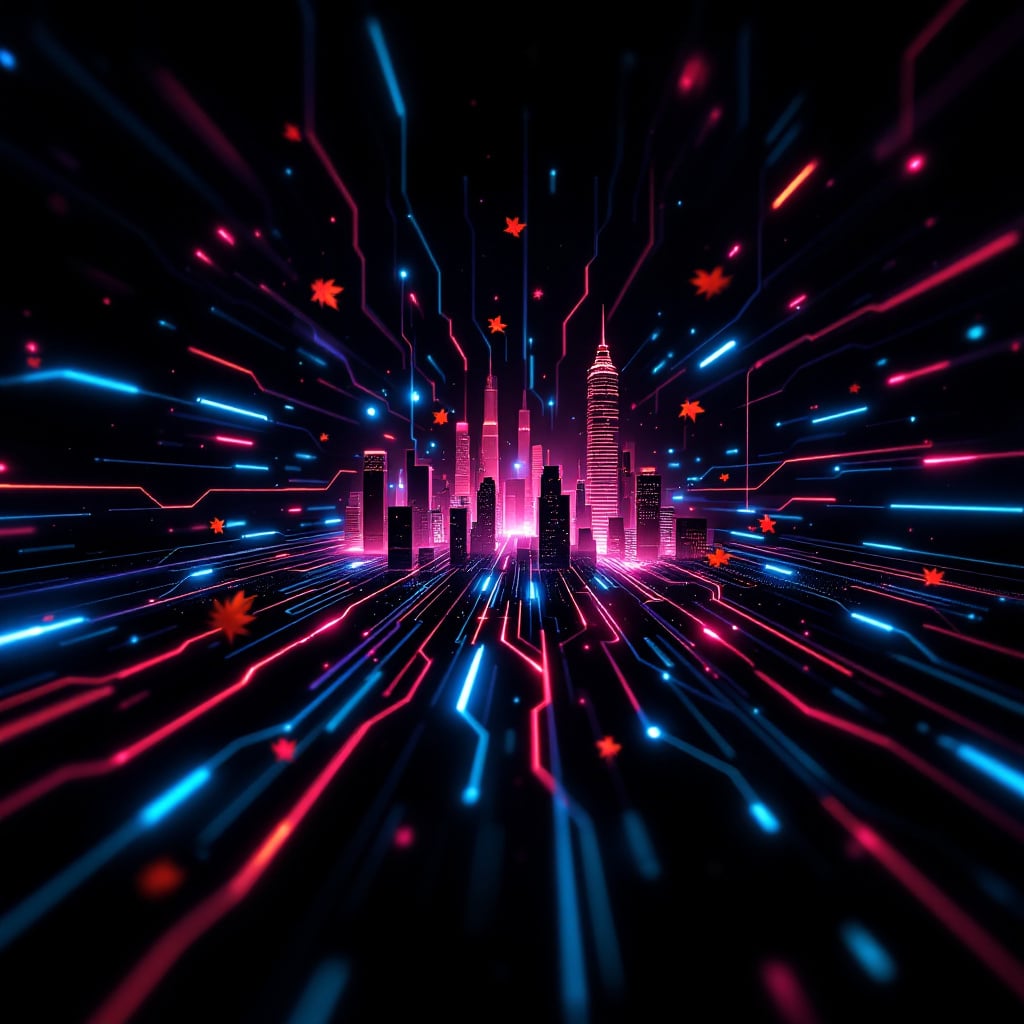 A futuristic city skyline with vibrant neon lights and abstract lines.